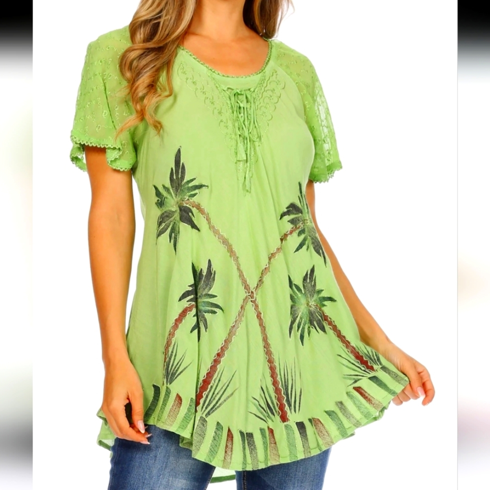 NWT Sakkas Albina Island Relaxed Fit Embroidery Cap Sleeves Blouse Size OS